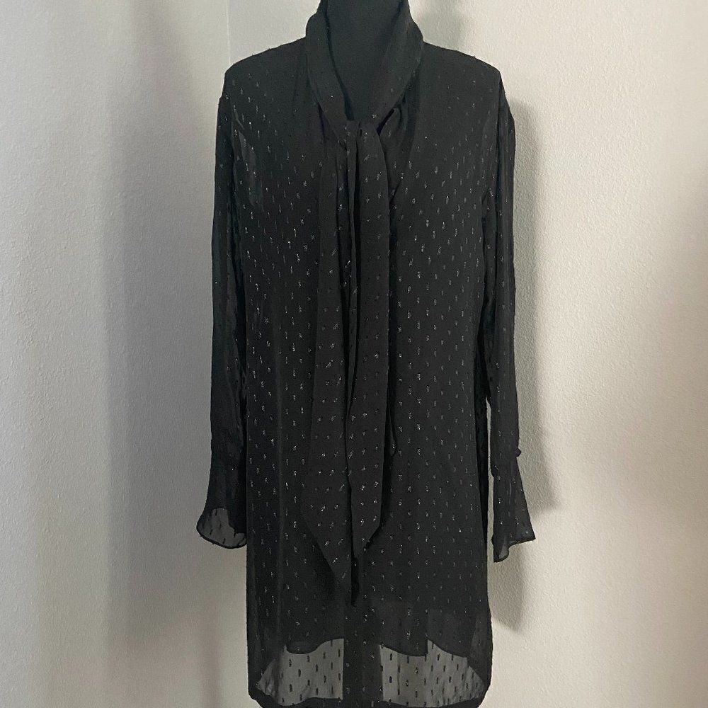 Theory Scarf Metallic Silk Long Sleeves Black Sheer Dress Size 8 - Picture 2 of 16